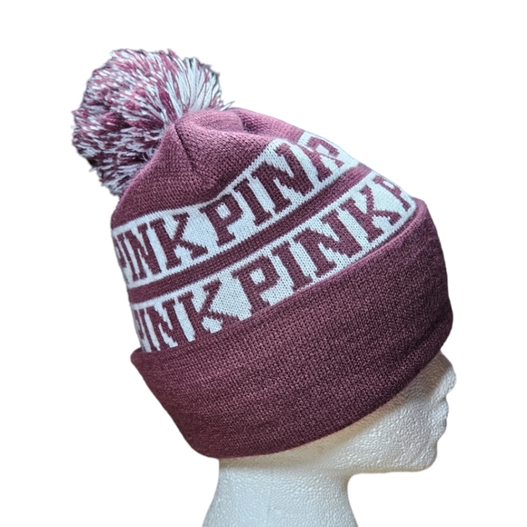 Victoria's Secret PINK NATION Pom Pom Maroon Knit Beanie - Picture 4 of 6